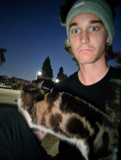 國外男子因失戀走在路上，突遇一隻小貓鑽進懷中