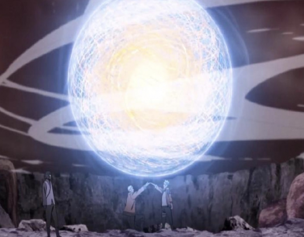 火影忍者中,鳴人和博人舉起螺旋丸經典的一幕