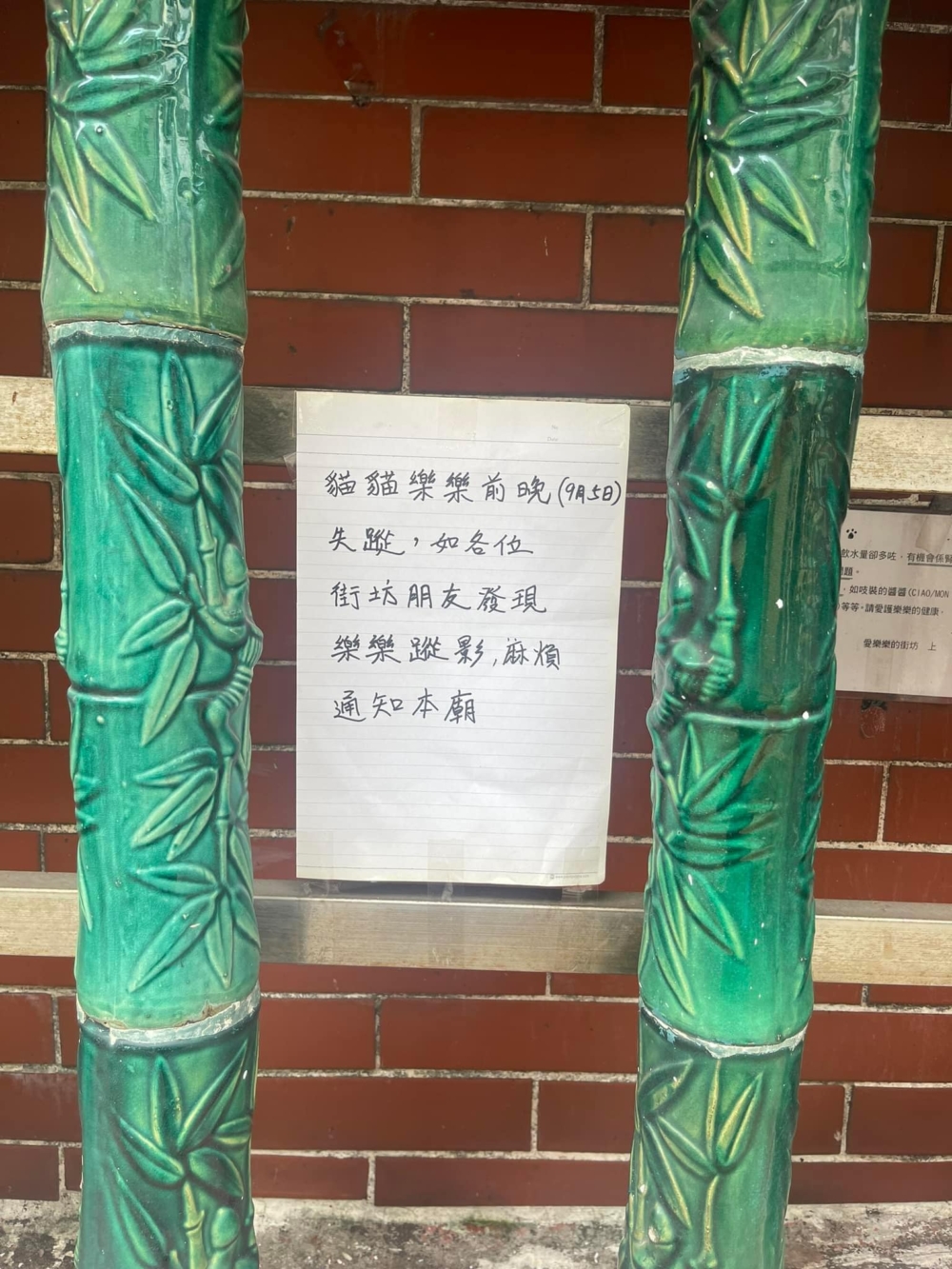 廟內張貼尋貓啟示