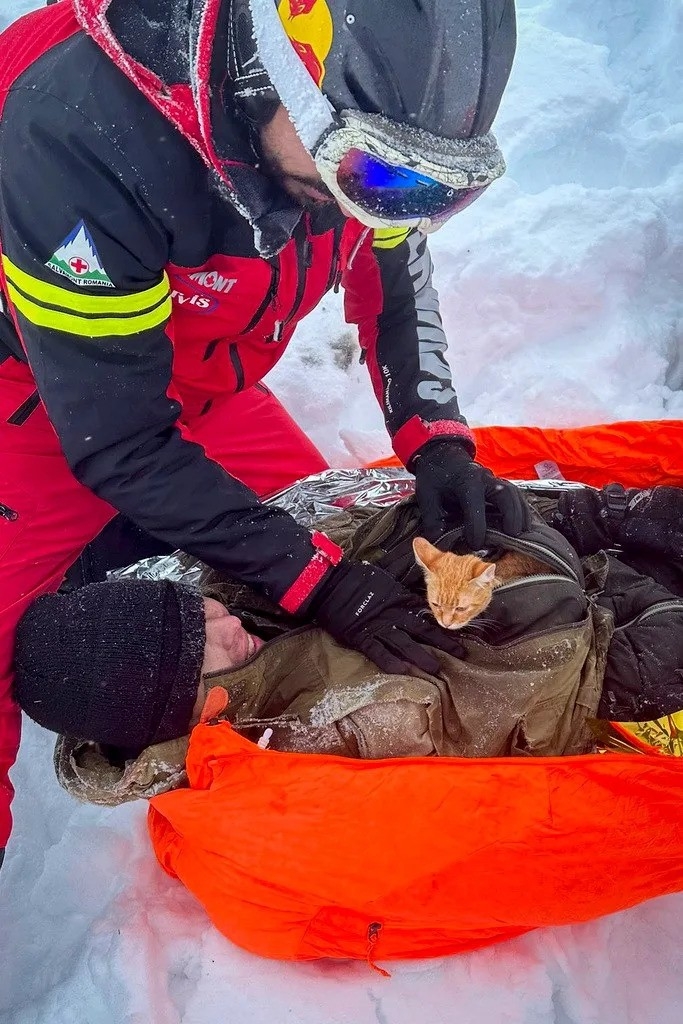 當搜救隊員拉開杜達外套夾克時，發現裡面藏著一隻橘色小貓咪。