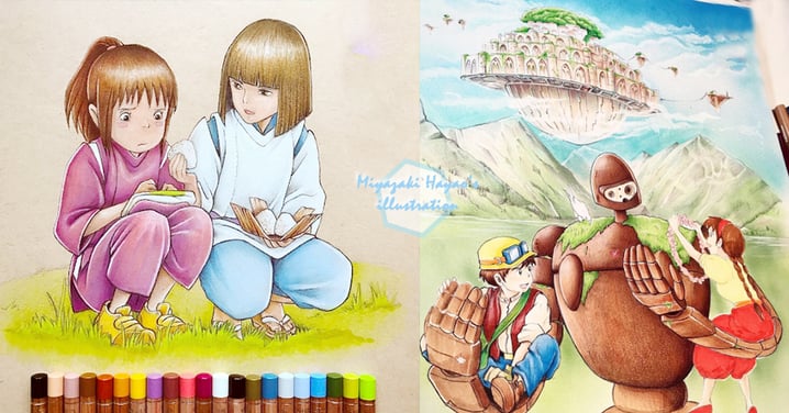 用顏色筆就能完成！英國插畫家畫出宮崎駿經典場景，還把每個角色都描繪得維妙維肖！