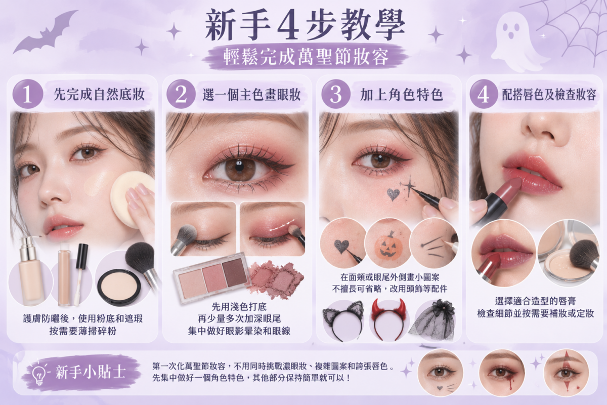 萬聖節妝容新手4步教學圖解，透過化妝步驟特寫，介紹自然底妝、眼影暈染、角色小圖案及唇色配搭與補妝方法。