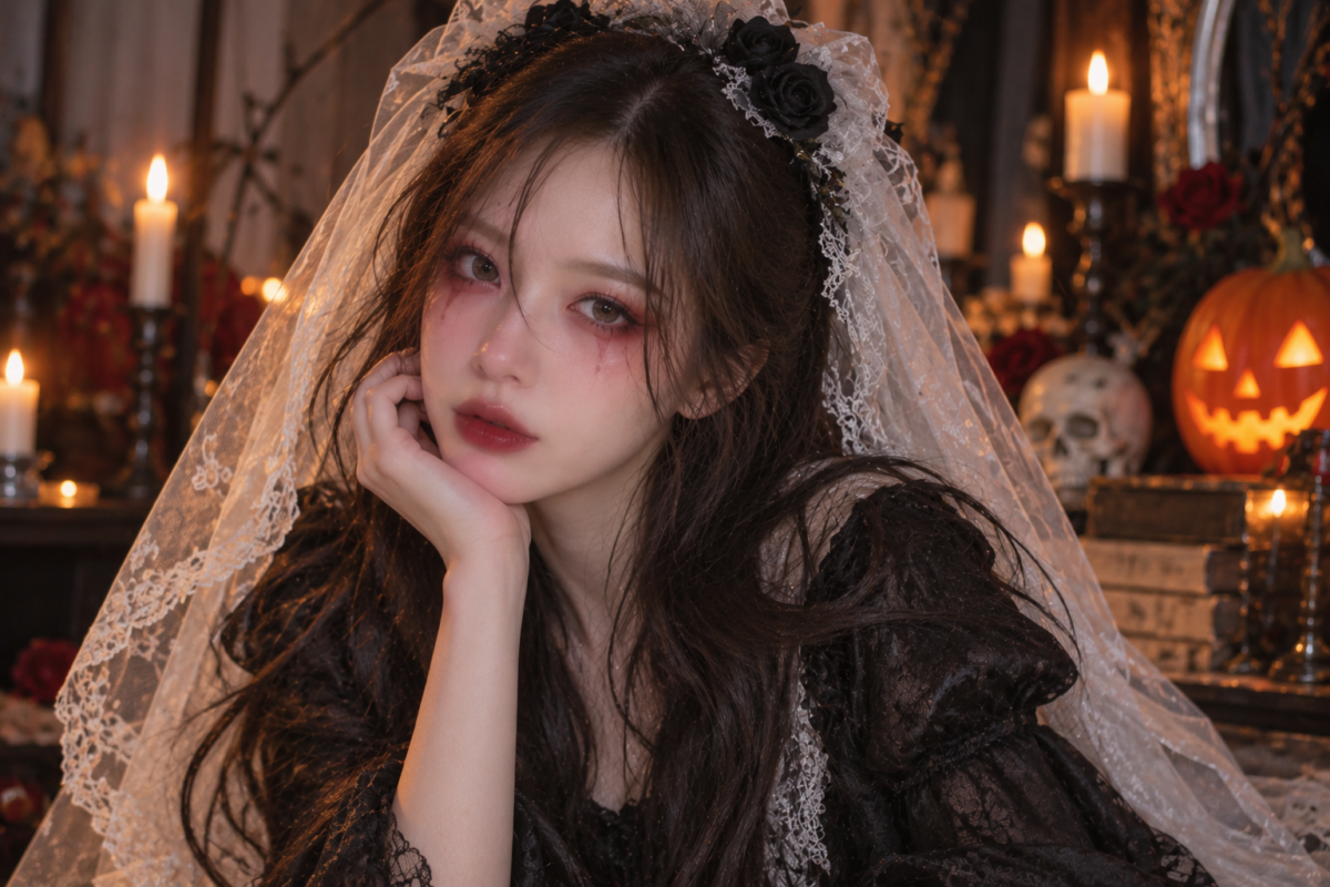 以棕紅色暈染眼妝、眼下淡紅色淚痕及深莓紅唇膏，搭配黑色蕾絲裙、白色蕾絲頭紗與黑玫瑰頭飾，呈現神秘冷艷的萬聖節鬼怪新娘妝。