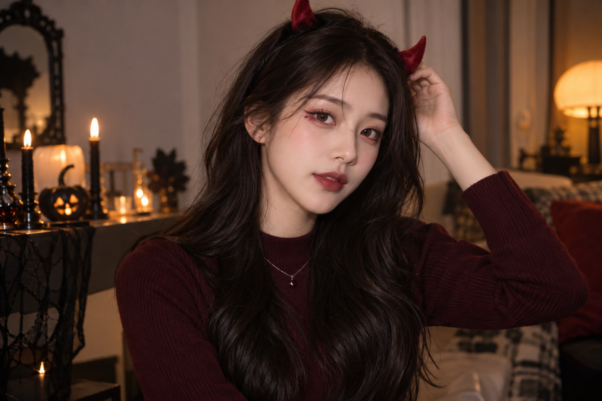以莓紅色眼影、微微上揚的眼線及紅棕色唇膏，搭配紅色小惡魔角頭箍和酒紅色上衣，呈現甜美俏皮的萬聖節小惡魔妝。