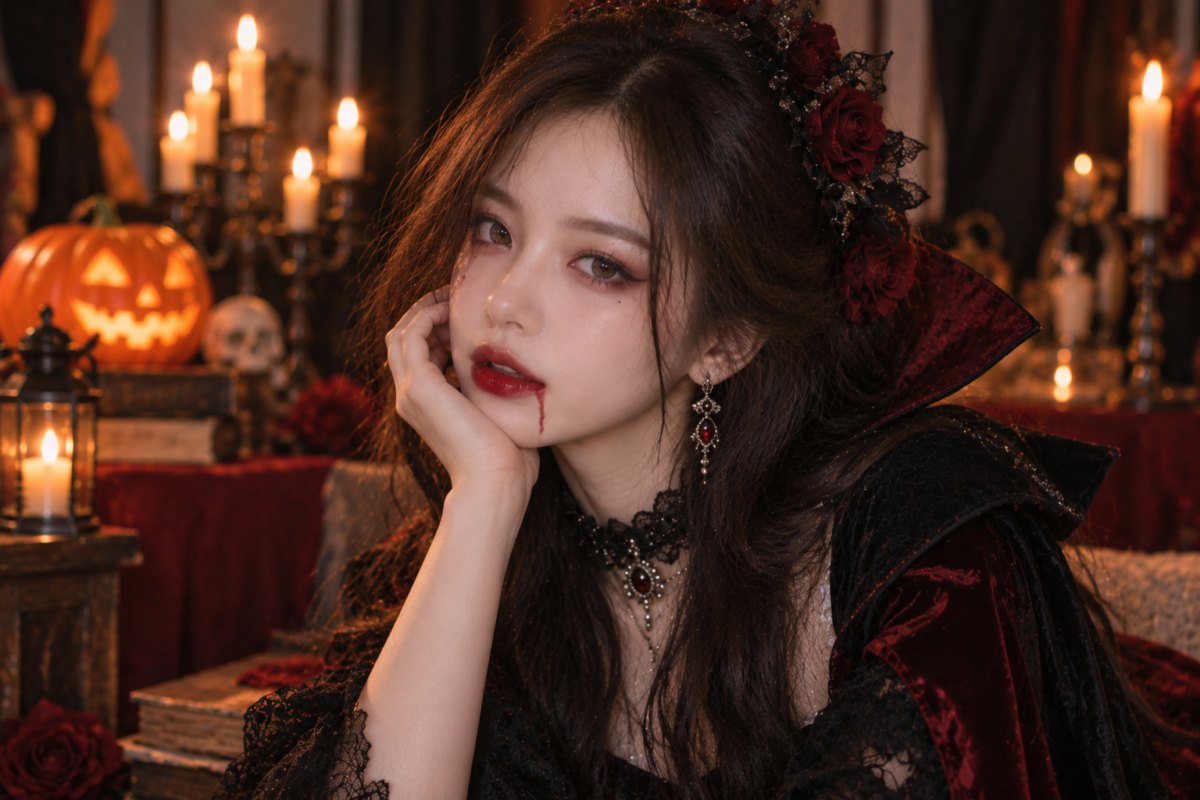 以深棕色煙燻眼妝、細長眼線及酒紅色唇膏，搭配嘴角暗紅色血滴彩繪、黑色蕾絲服裝與復古頭飾，呈現冷艷神秘的萬聖節吸血鬼妝。