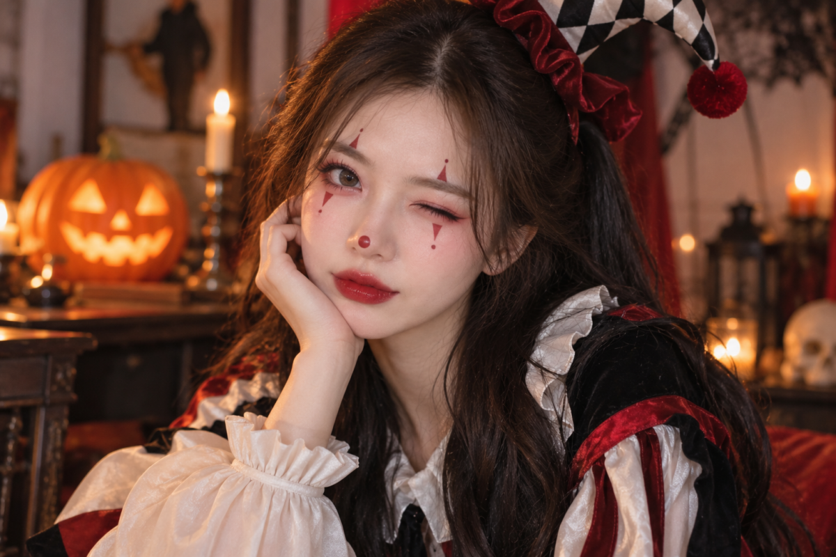 以紅棕色眼影、眼周紅色小三角形及圓點、鼻尖小紅點和紅唇，搭配小丑帽與紅黑色服裝，呈現可愛搞怪的萬聖節小丑妝。