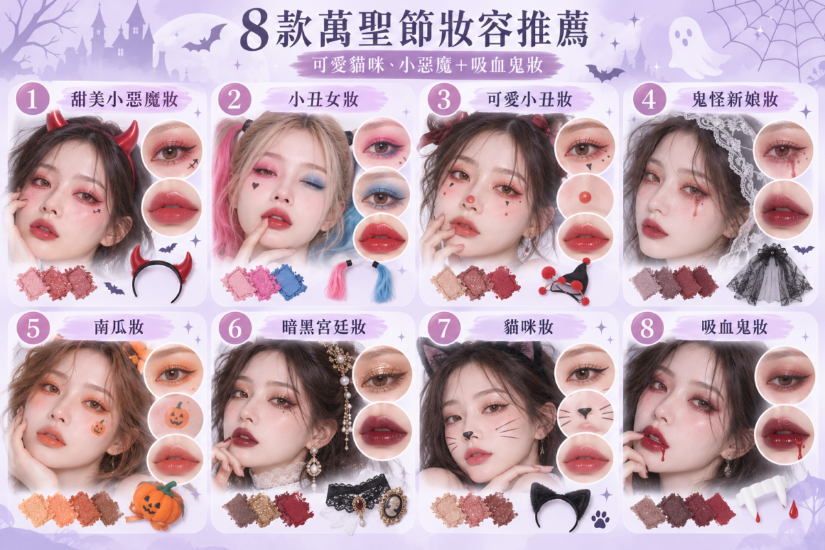 萬聖節妝容推薦整理圖，展示甜美小惡魔、小丑女、可愛小丑、鬼怪新娘、南瓜、暗黑宮廷、貓咪及吸血鬼8款妝容，並呈現眼妝、唇色及造型配件。