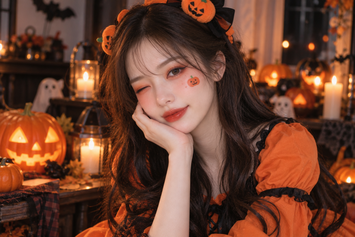 以蜜桃橙眼影、橙色胭脂及橙紅色唇膏，搭配面頰迷你南瓜圖案、南瓜髮飾與橙黑色服裝，呈現甜美可愛的萬聖節南瓜妝。