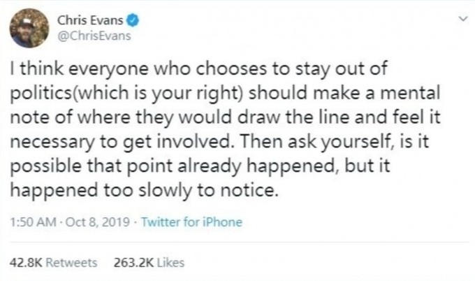 事件引起不少美國人關注,認為內地嚴重干涉美國的內政及言論自由,相信這就是讓 Chris Evans 決定發聲的最大原因。