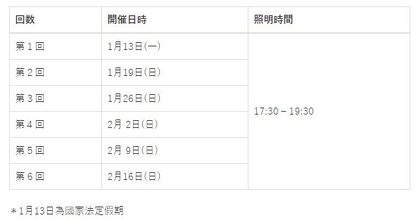 以下是2020年的點燈日期