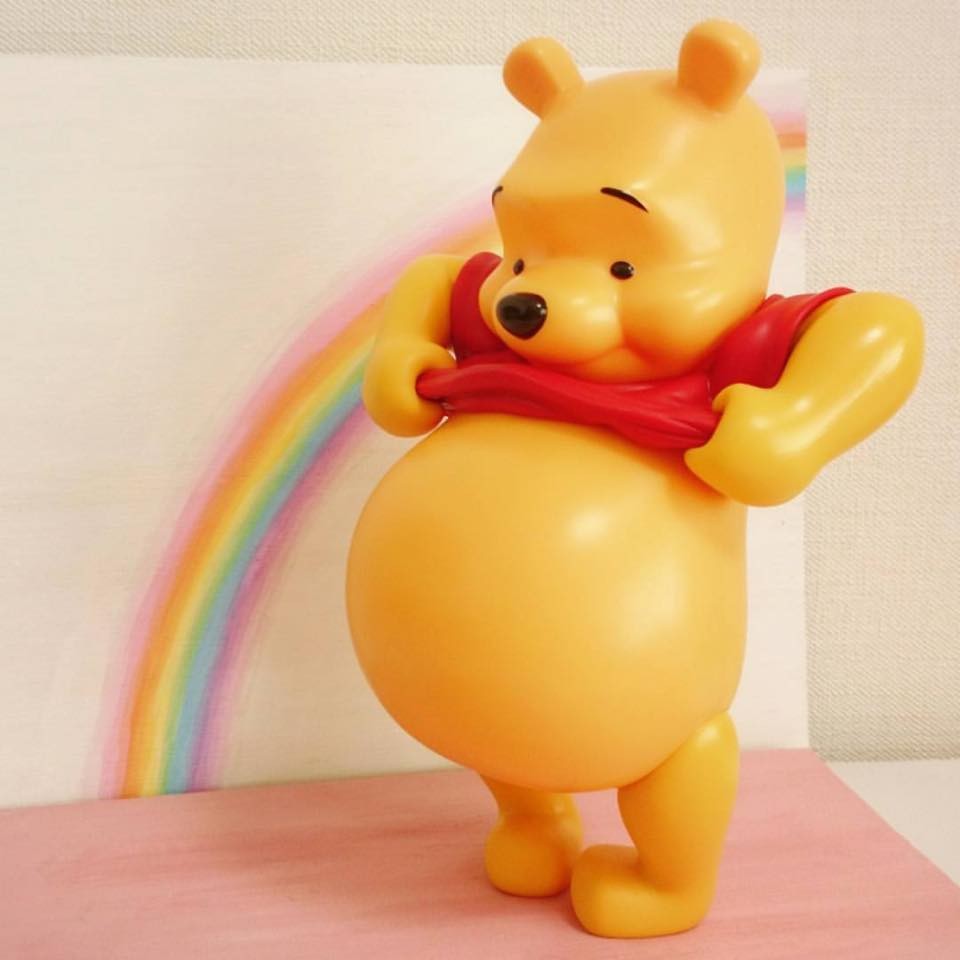 這個小熊維尼公仔真的好犯規,Pooh Pooh就好像在炫耀自己的大肚腩一樣,好想緊緊抱在懷裡緊急處理,真的太治癒啦!