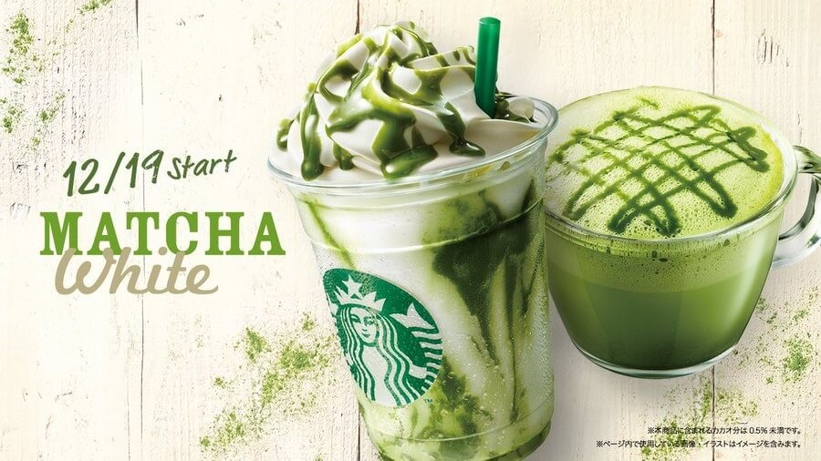 日本Starbucks於2019年12月19日至12月25日期間限定7天出售「抹茶白朱古力星冰樂」及「抹茶白朱古力熱飲」