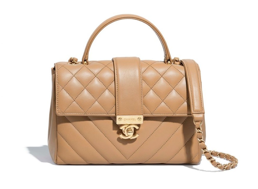 # Chanel Flap Bag with Top Handle Calfskin & Gold-Tone Metal Beige HK$29200