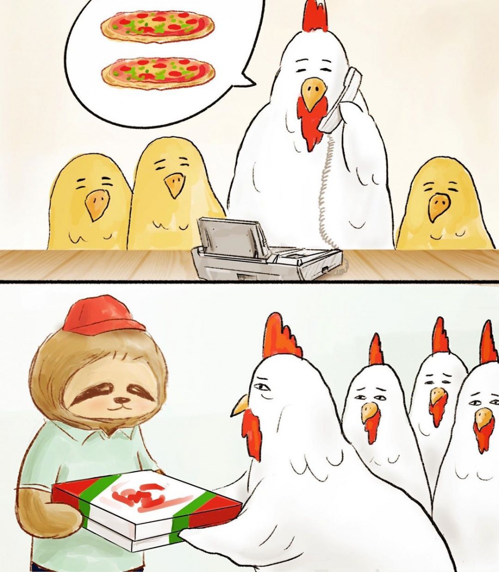 跟牠訂兩個pizza,可以拿的時候小雞們都已經長大了。