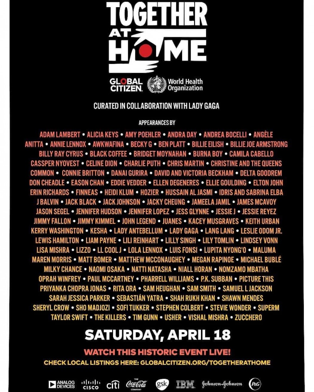 《One World: Together at Home》演唱會香港時間4月19日凌晨2時開始 表演名單