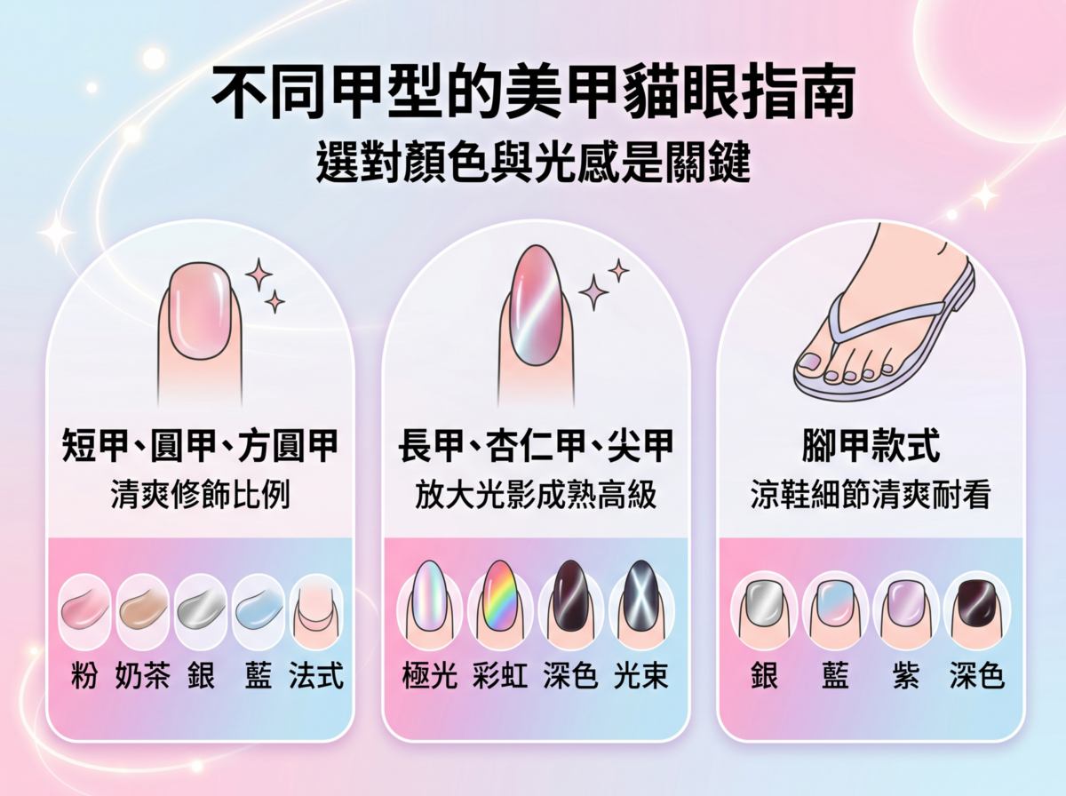 美甲貓眼款式推薦指南：短甲適合粉嫩色系與法式設計，長尖甲適合深色極光與彩虹貓眼效果對照圖。