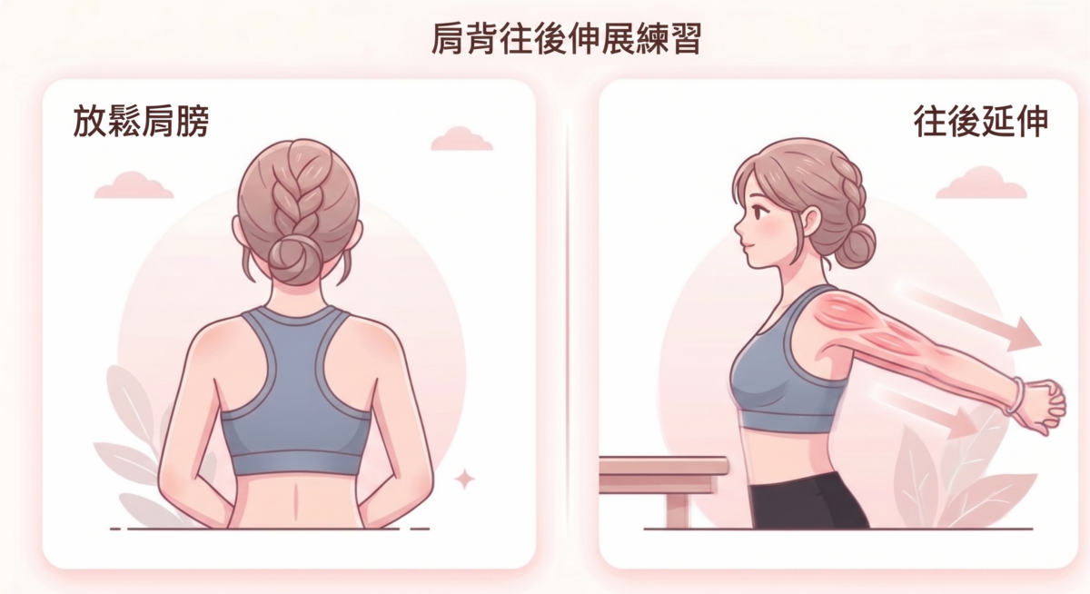 最後一步也是非常簡單，這個動作有助放鬆後背肌肉、斜方肌、改善駝背等問題。