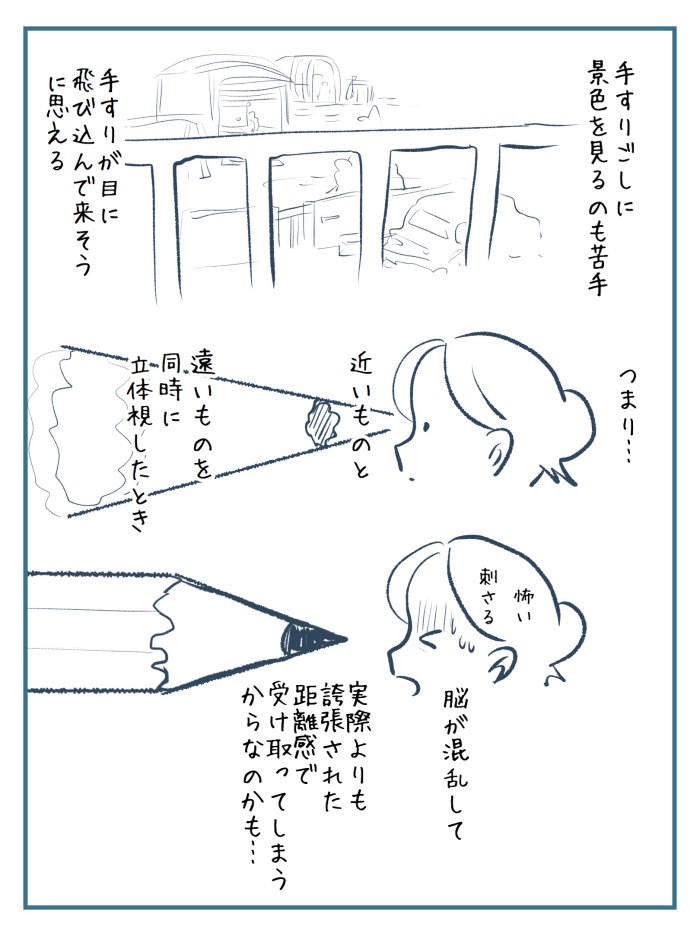 她更立體的描述恐懼症帶給她日常生活的煩惱:「我也很怕在欄杆旁望街,總覺得欄杆會朝我眼睛飛過來。也就是說,近的東西跟遠的東西會變得混亂,視覺失去立體的認知,大腦會接收到比實際更誇張的距離感⋯⋯」