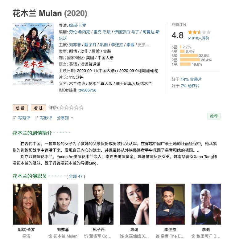 《花木蘭》未上映已被內地網民瘋狂負評?被指對準中國市場反被大罵:史上最差!