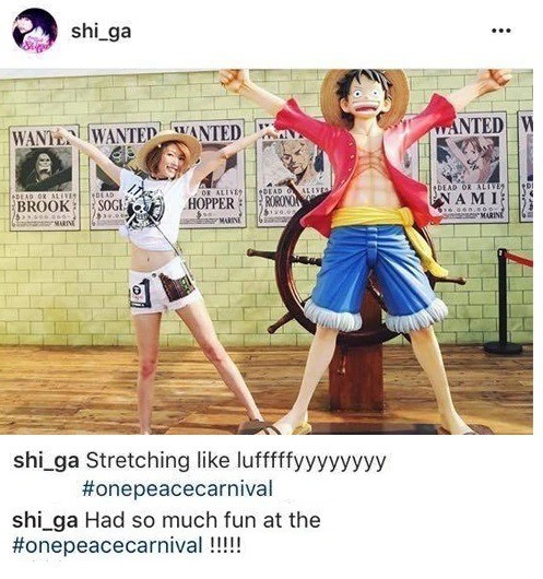 後來Shiga出席《One Piece》海賊王的嘉年華活動,在IG興奮發帖文打 hashtag就錯把「One Piece」寫成「One Peace」