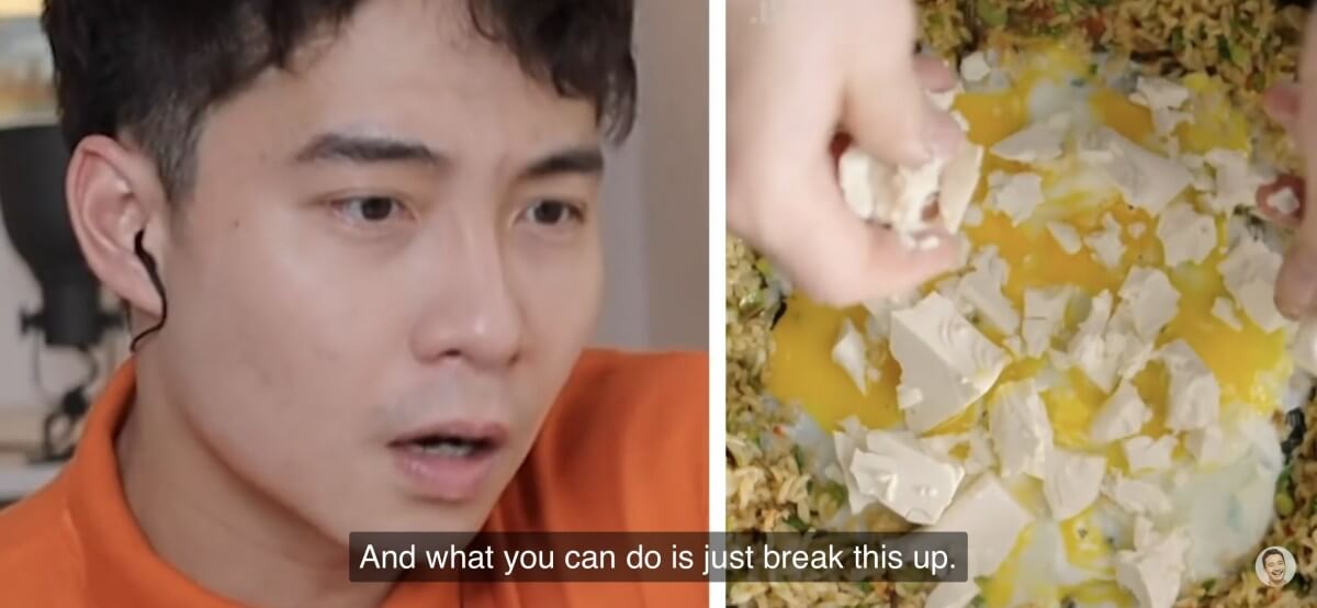 他這一道前所未見炒飯配料，加入後已經感覺很奇怪，其後他還用手把豆腐撕碎。不美觀又奇怪的做法讓不少網民嘩然！