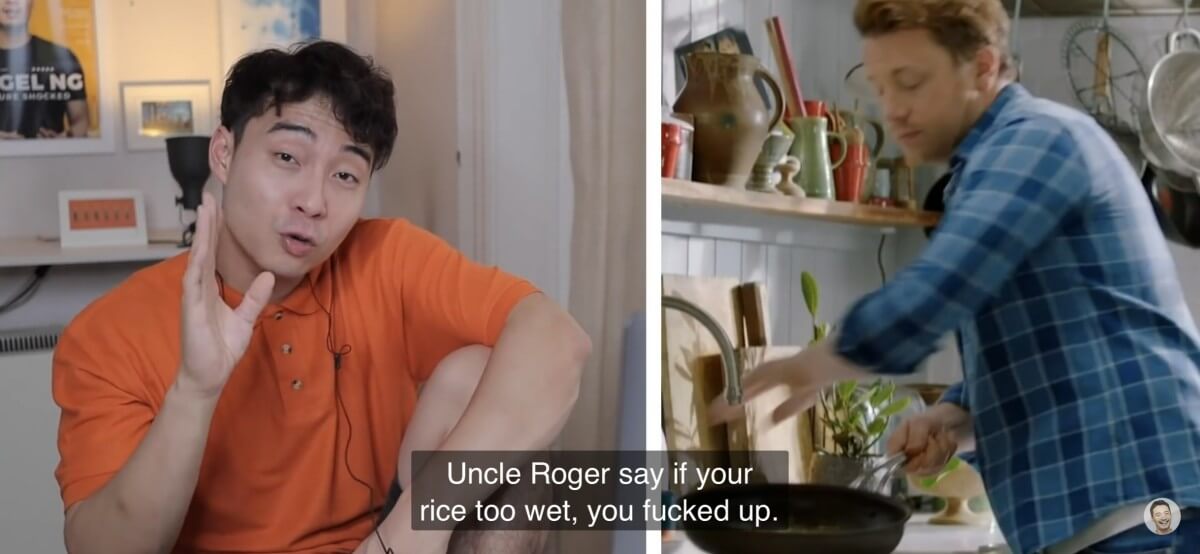把飯炒完一輪之後，外國人喜歡把飯「過冷河」，像把麵過冷河會質地會變爽的原理。但是，Uncle Roger指出炒飯不應該變得濕濕的，而且全亞洲並沒有任何一國人會這樣做！