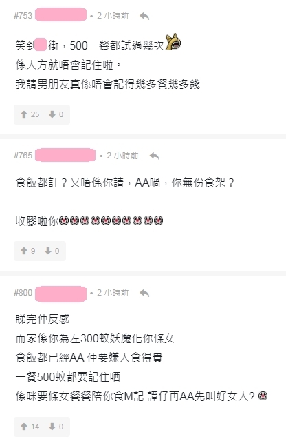 【女朋友貪錢連登】係咪要條女餐餐陪你食M記 譚仔再AA先叫好女人?」、「睇完你依段仲覺得衰左,咁耐仲記住食左餐500,買左個1000蚊手信」