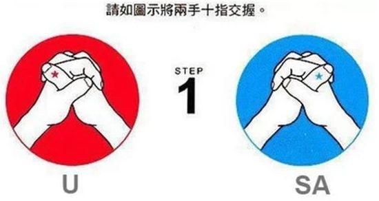 記住當下左右手的擺放,認著自己哪一隻手疊面。 如果左手拇指疊在最上,就記住頭一個英文字母「U」 如果是右手拇指疊在最上,就記住頭一個英文字母「SA」