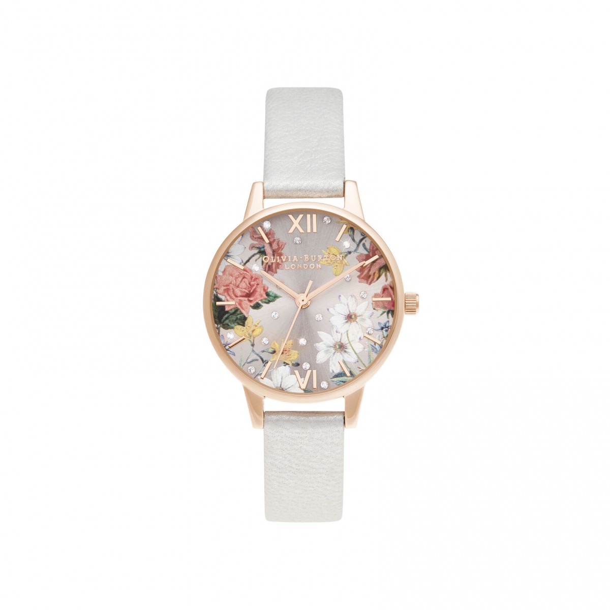 錶盤上的數字均以羅馬數字或小方鑽呈現，綴以Swarovski水鑽作裝飾