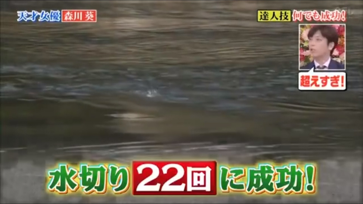 【森川葵達人】打水漂就是把石頭扔在水中,而打水漂王者是可以連續令石頭彈跳15下,而森川葵卻打破了紀錄,打到22下~