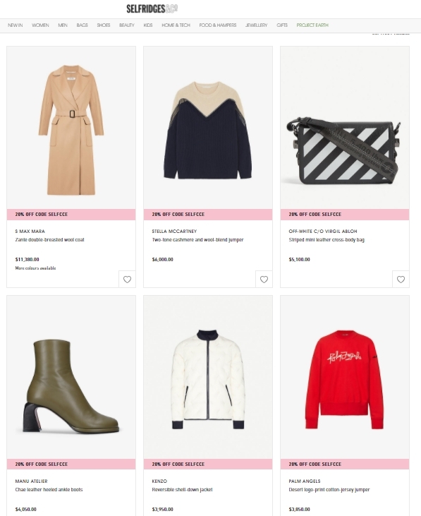【Black Friday 2020 優惠】Selfridges是不少港人都大愛的網購平台之一,超過100年歷史的英國著名第二大百貨公司,網站齊集超多種類的高檔抵買大品牌的產品