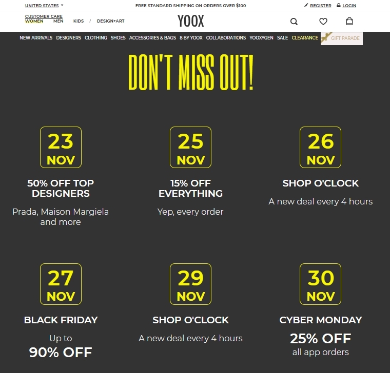 【Black Friday 2020 優惠】這次YOOX推出了不同日子的限定優惠,由即日起至11月30日的優惠都有驚喜,不少品牌都低至半價速銷,款式超多,真的是很值得搶購