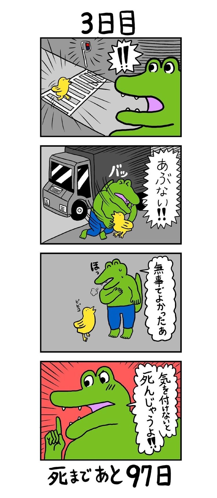 距離死去還有97天,鱷在馬路上救了亂過馬路的小黃雞,十分擔心地指責牠。