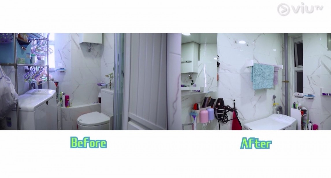 最後小占就為他送上一個不留痕的掛鉤,再把鐵架搬走,在原本鐵架的位置掛上新毛巾,一次解決所有問題。