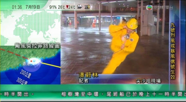 【無綫TVB新聞主播】當時因風力太強,令到潘蔚林在報導新聞時也要「紮馬」,更出現了Michael Jackson的經典跳舞動作「45度傾斜」