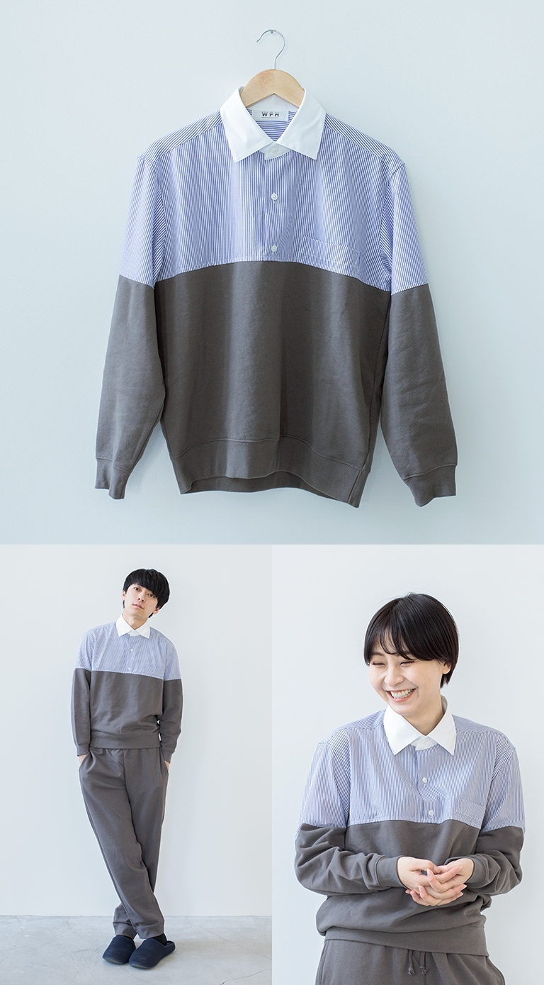 另一樣方便家中視像會議的商品就是視像會議睡衣！日本一間創意品牌公司Whatever就與著名設計師Akihiko Kimura合作推出了「WFH Jammies」系列的睡衣，專為Work From Home的人而設。商品最特別的地方就是衣服上半部就是正式得得體的恤衫，而下半部就是舒適的睡衣設計。