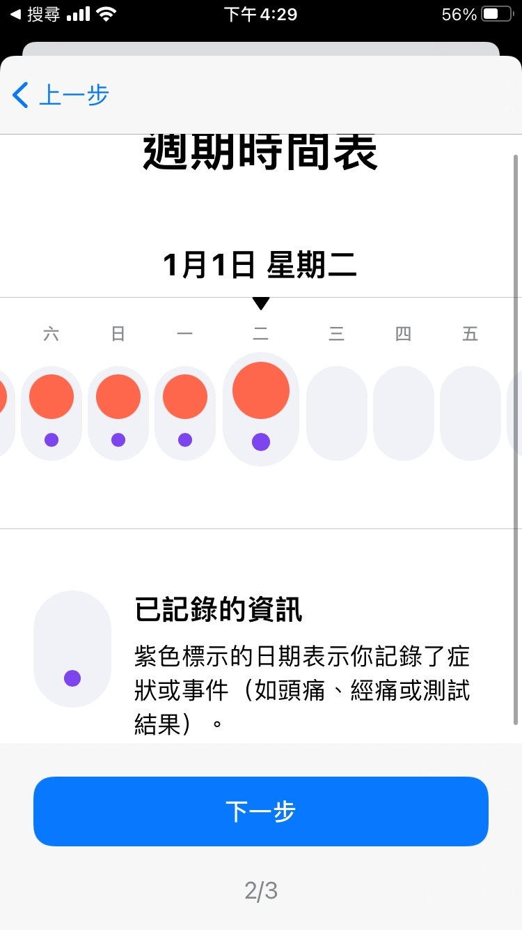 App內會以不同顏色的圓點分別標示紀錄日期、症狀以及預測生理期的日子