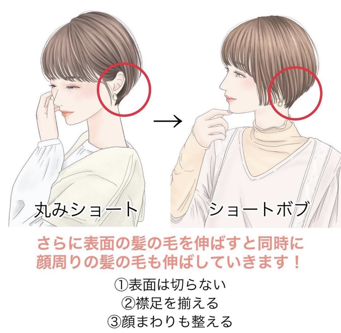 第二階段的髮型就比較可愛，後髮大概留長了一點，會貼頸一些，這個時候就要加強頭頂的弧形，增強蓬鬆感！兩側額度頭髮長了後，可能還未長至顎骨，所以可以把兩側頭髮翹至耳後，頭型就會比較好看～