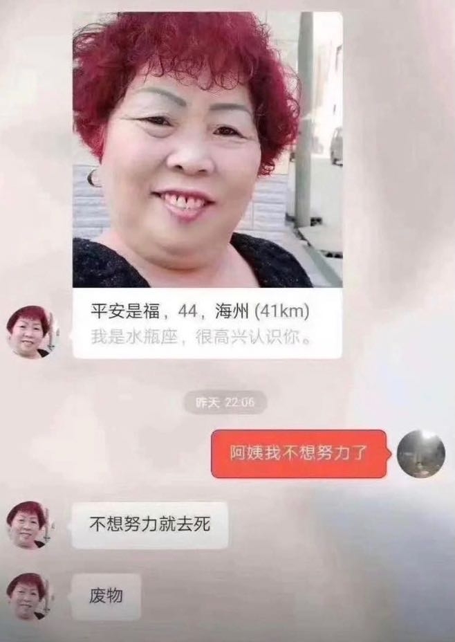 「阿姨,我不想努力了」成功對話擷圖
