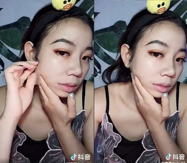 【內地網紅大媽化妝】「琦花花」還會用瘦臉膠帶把臉邊的肉都貼起來,令本身有點包包方臉的她都變成鵝蛋V臉