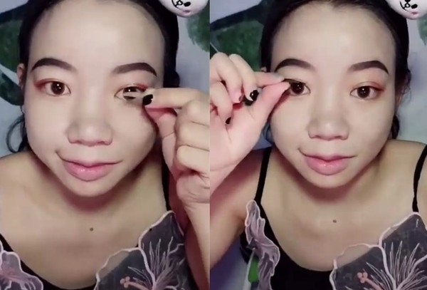 【內地網紅大媽化妝】內雙眼皮的「琦花花」跟著就化了粉色系的眼妝,貼了假眼皮膠紙貼及假睫毛後,再以亮色的眼影加入臥蠶