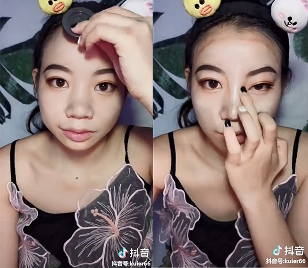 【內地網紅大媽化妝】「琦花花」就開始修容的部分,熟練的手法很快就打好鼻影、臉部陰影、鼻樑及蘋果肌打亮,整個五官都已經馬上改變了