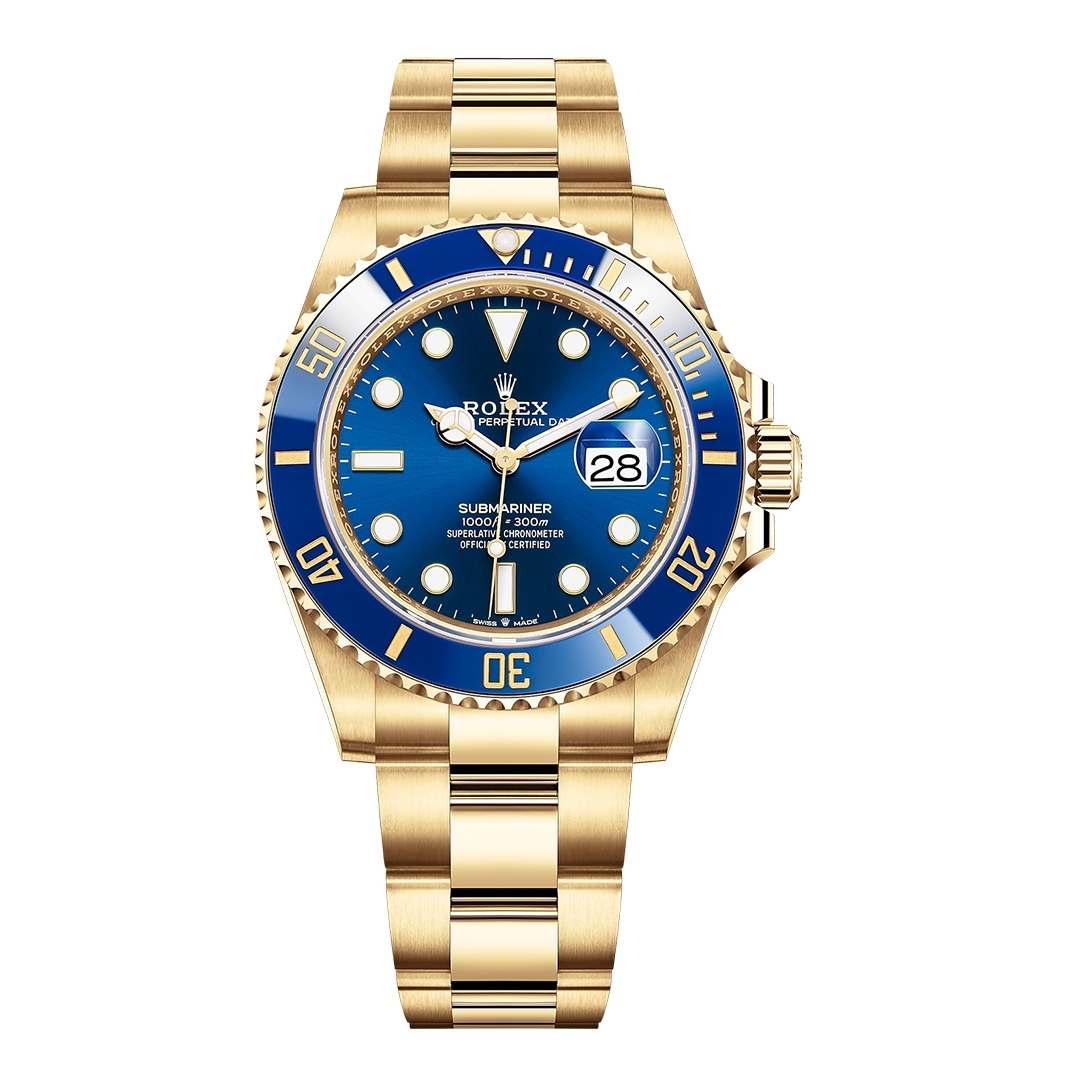 【Rolex勞力士手錶2021】這款Submariner系列的黃金款腕錶同樣配備單向旋轉外圈、Cerachrom字圈、實心鏈節蠔式錶帶和特大夜光鐘點標記等