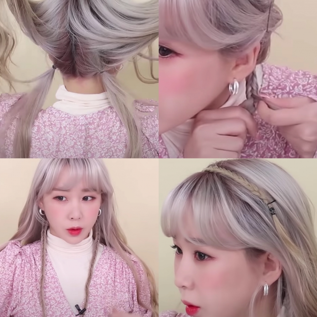 首先,在耳後方頭髮最低的位置綁起兩撮頭髮。然後把兩條辮子都鬢起魚骨辮/三股辮來,最後用橡筋固定。然後,把頭髮從耳後拉到頭頂,在末端用夾子夾住。