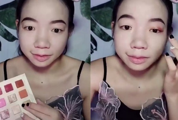 【內地網紅大媽化妝】內雙眼皮的「琦花花」跟著就化了粉色系的眼妝,貼了假眼皮膠紙貼及假睫毛後,再以亮色的眼影加入臥蠶