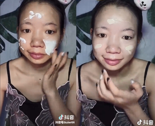 【內地網紅大媽化妝】接下來就開始她最熟練的化妝程序,先化好完美的底妝,因為皮膚天生蠟黃,所以塗上了明顯白幾度的粉底
