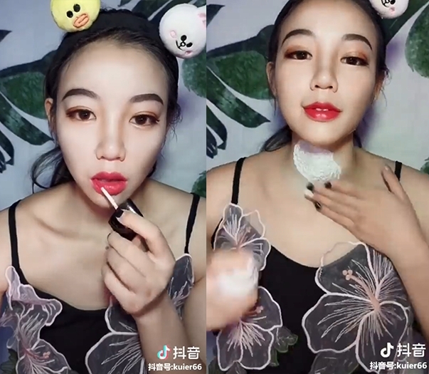 【內地網紅大媽化妝】「琦花花」本身身體明顯較黃,與化好的底妝形成多烈的色差,所以就把整知頸部都塗白了