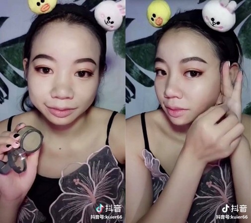 【內地網紅大媽化妝】「琦花花」就開始修容的部分,熟練的手法很快就打好鼻影、臉部陰影、鼻樑及蘋果肌打亮,整個五官都已經馬上改變了