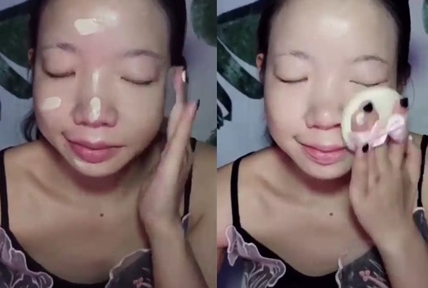 【內地網紅大媽化妝】皮膚天生蠟黃,所以塗上了明顯白幾度的粉底,再加入密粉定妝,整個人都變得較亮白,馬上變美多了!