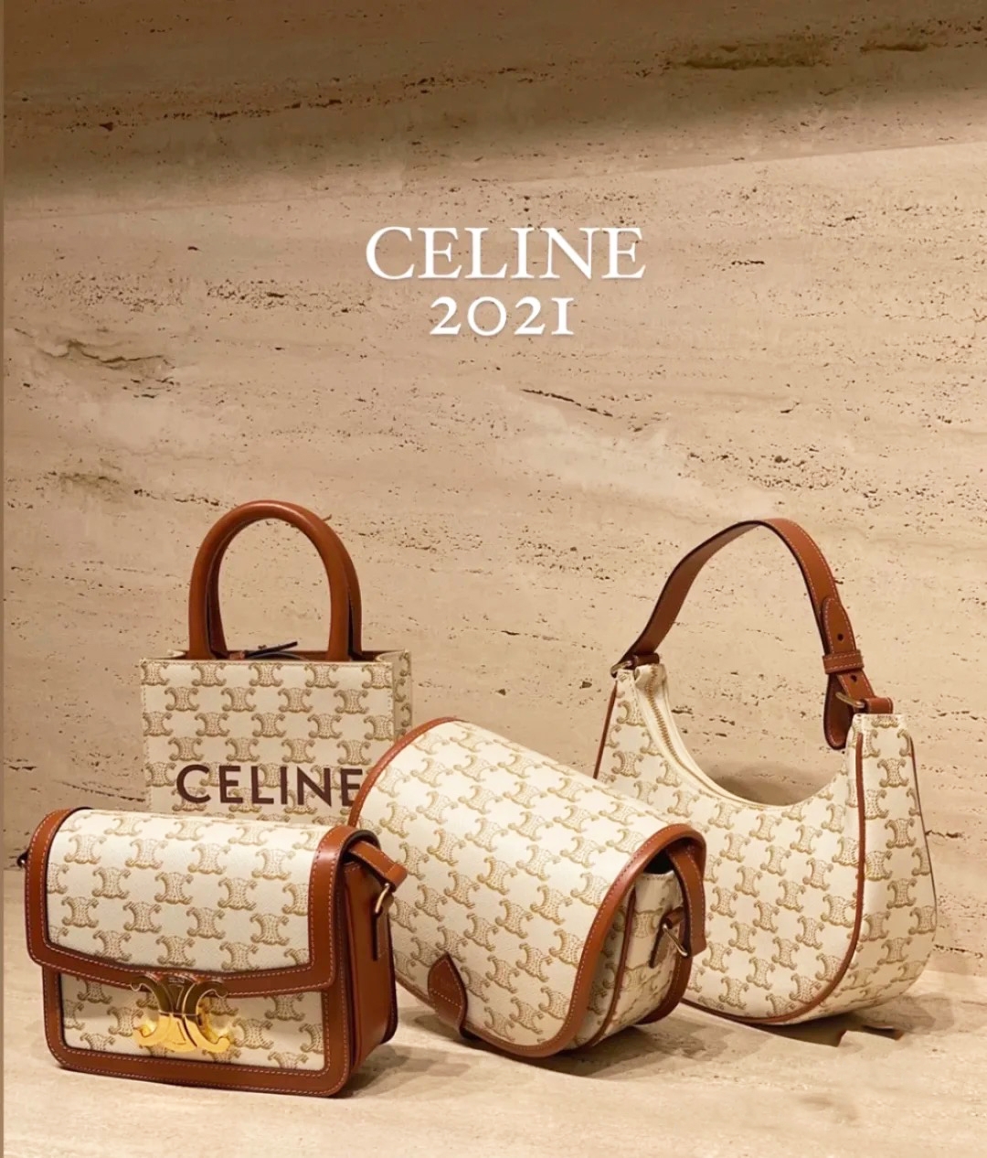 【CELINE手袋2021】杏白色凱旋門老花TRIOMPHE CANVAS手袋/Ava/Cabas/Triomphe/FOLCO